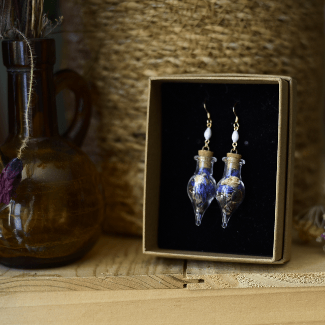 boucles d’oreilles fioles camomille, bleuet & cacao