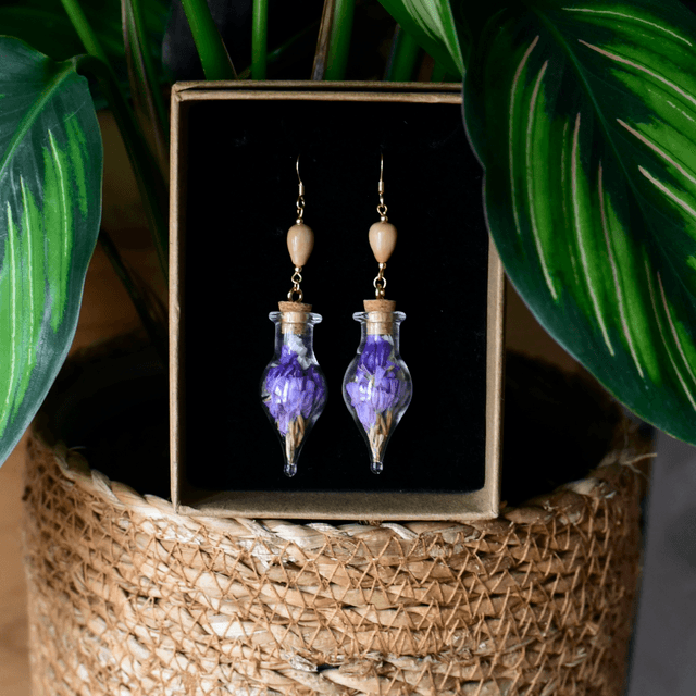 boucles d’oreilles fioles statice mauve